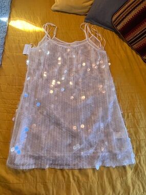 Lucky Brand White Iridescent Sequin Sheer Tank/mini dress